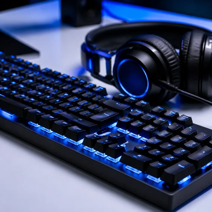 Papan kekunci mekanikal dan headset gaming dengan lampu LED biru