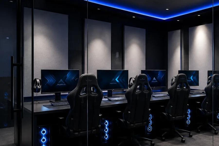 Bilik VIP gelap dengan barisan kerusi gaming dan skrin peribadi di Pixel Hub