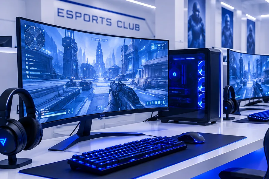 Unit PC gaming dengan skrin melengkung dan RGB biru di zon terbuka Pixel Hub